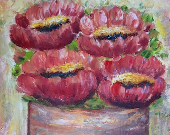 Coral Charm Peonies in Vase – Original Floral Still Life Painting