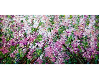 Lilacs in Bloom Oil Painting: Abstract Impressionist Spring Art by Luiza Vizoli (48x24)