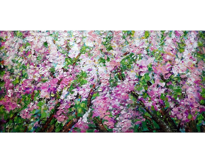Lilacs in Bloom Oil Painting: Abstract Impressionist Spring Art by Luiza Vizoli (48x24)