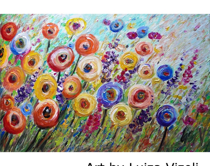 Summer Flowers Painting Whimsical Poppies LIGHT Neutral Colors Art by Luiza Vizoli