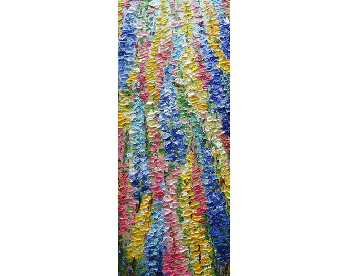 Tall Vertical Original Painting Spring Blooming Delphinium Flowers and Bees Impasto Oil Art