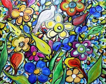 Birds Flowers and Butterflies When the Flowers Were Singing Original Painting Whimsical Colorful Unique Bold Beautiful Artwork