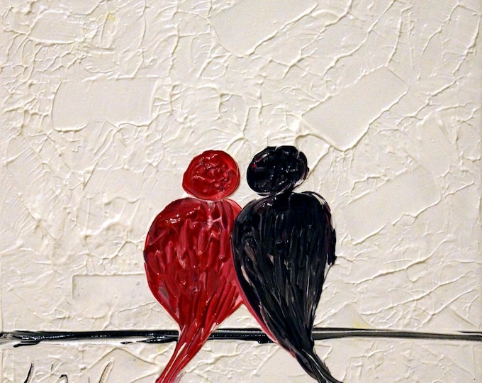 Red Black White Love Birds Abstract Painting  Oil  Art on Canvas Romantic Gift