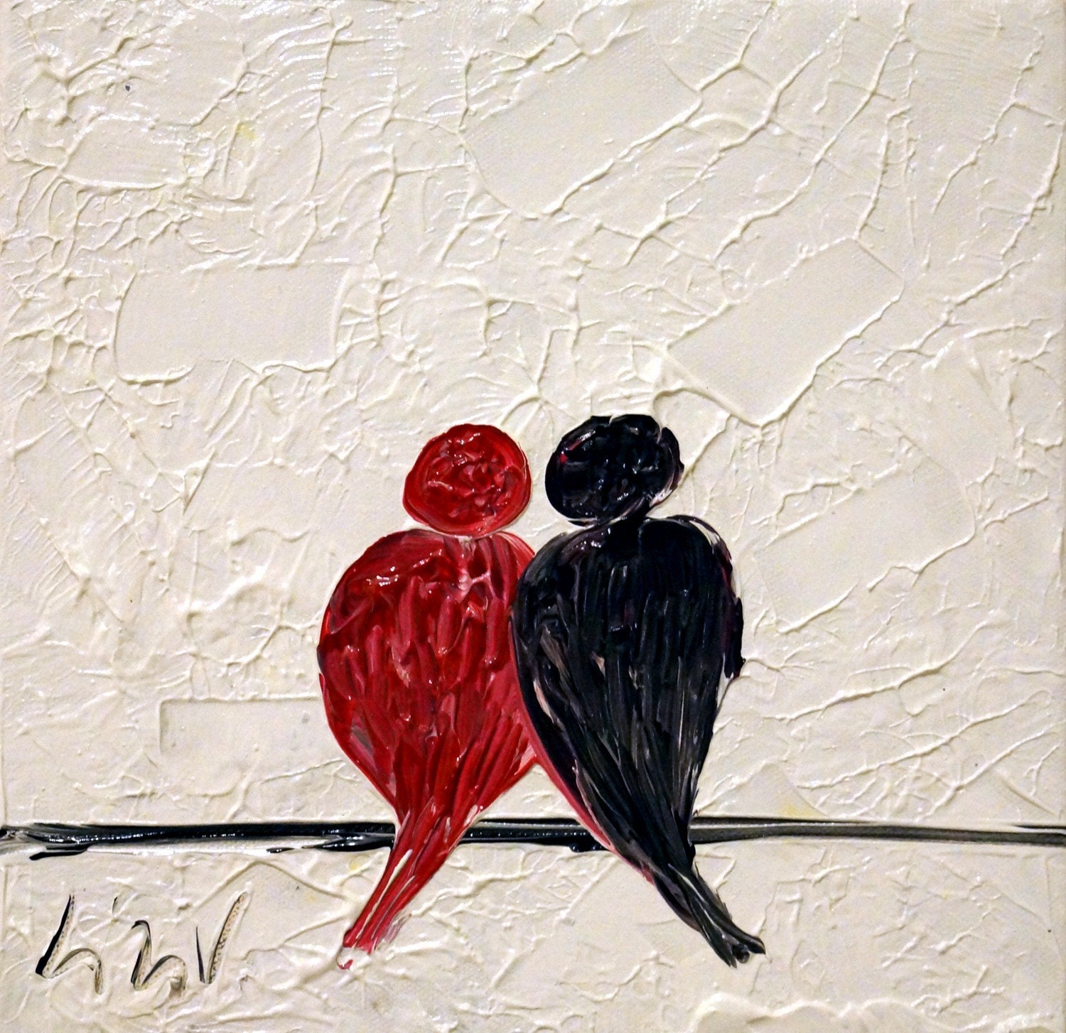 Red Black White Love Birds Abstract Painting Oil Art on Canvas Romantic Gift