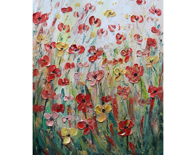 WILDFLOWERS Colors of Summer Flowers Nature Original Oil Painting on Canvas White, Orange, Peach, Yellow, Green, Blue