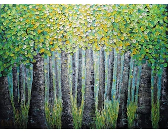 Aspen Forest Painting, Textured Birch Tree Wall Art, Large Green Woodland Landscape Canvas