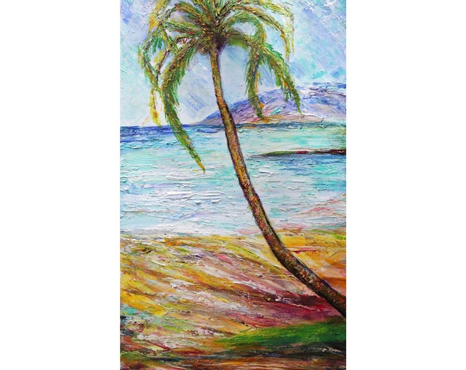 Palm Tree Big Island Hawaii Beach and Ocean Original Impasto Oil Painting, Vertical Canvas, Beach Coastal Exotic