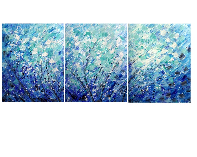 HUGE BLUE Painting Calming Petals Rain Art by Luiza Vizoli 72x30 or LARGER Oversize Canvases