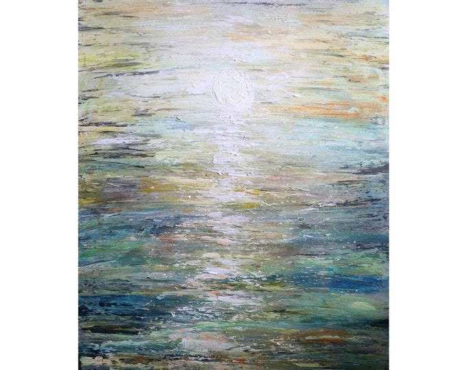 Moonlit Ocean Painting, Coastal Night Seascape Art, Relaxing Beach Wall Decor, Original Canvas