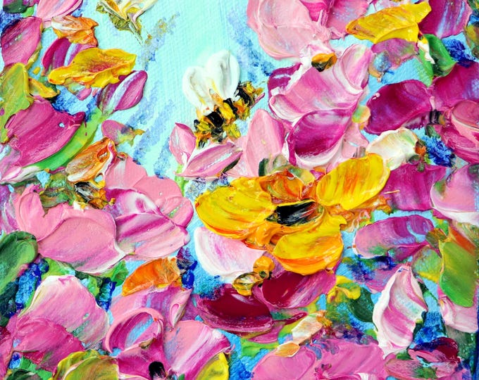 Pink roses artwork, impressionist floral art, vibrant meadow scene, small canvas painting, colorful wildflowers and bees, floral decor art