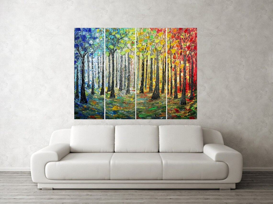 Large 4 Panels Painting Landscape SUNRISE SUN PATH Trees and Etsy