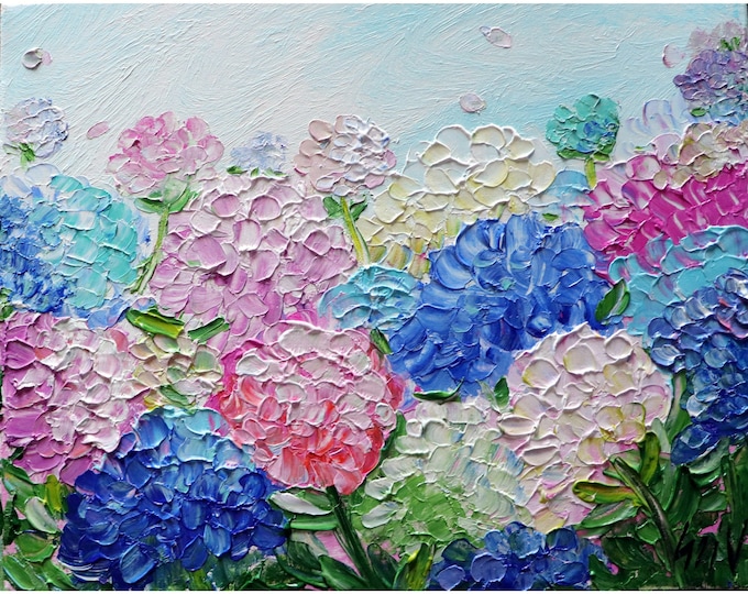 Pink White Purple Blue Hydrangeas Original Oil Painting Flowers Landscape Summer Floral Art by Luiza Vizoli