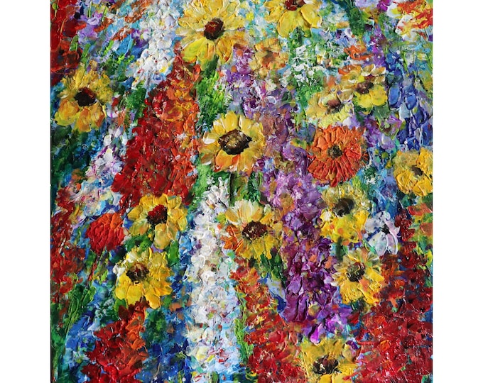 Wildflowers TEXAS Country Colorful Flowers original oil painting impasto texture, hand painted, handmade, signed by Luiza Vizoli