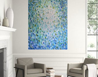 Water Drops Painting: Coastal Abstract Art, Blue Green Ocean Canvas