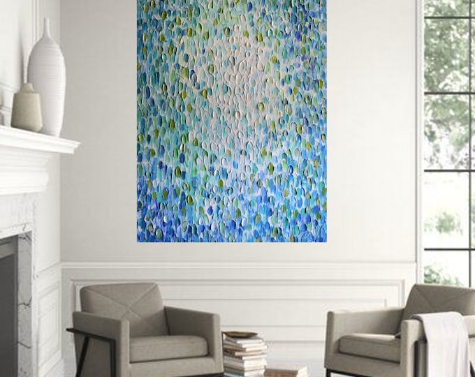 Water Drops Painting: Coastal Abstract Art, Blue Green Ocean Canvas