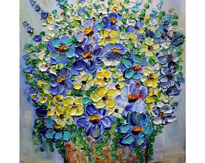 COUNTRY Flowers BLUE BOUQUET Forget Me Not Yellow Wildflowers Rustic Vase Impasto Painting ready to hang