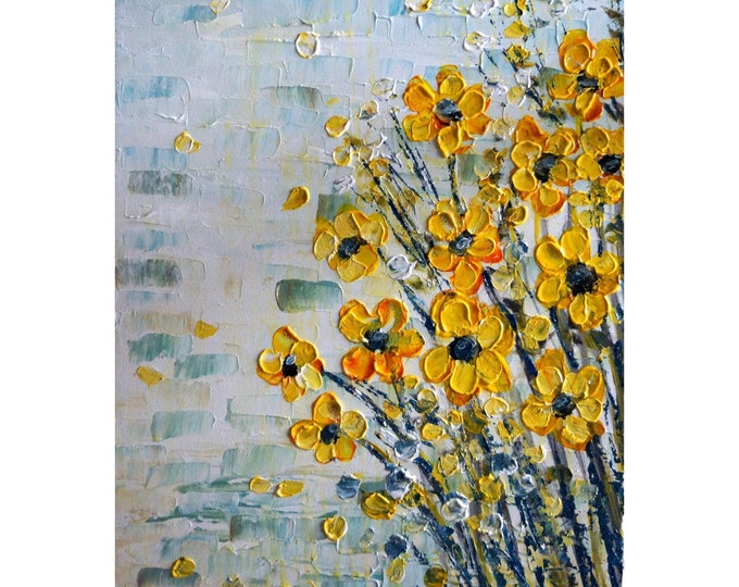 YELLOW FLOWERS White Gray Aqua Original Painting on Canvas Art for Office, Business or any living space