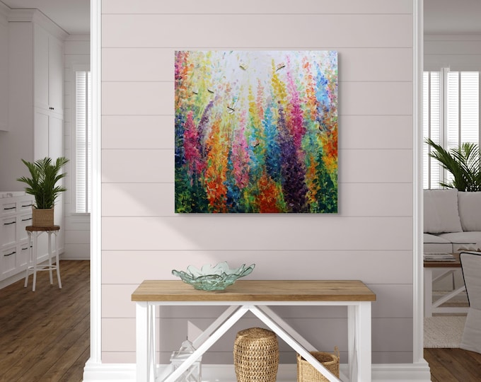 Wildflower Meadow Painting, Original Floral Landscape Art, Bees & Butterflies