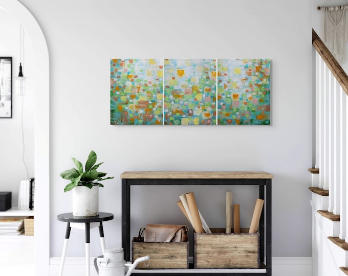 Summer Colors By the Sea, Original Abstract Acrylic Painting, Triptych Artwork, Soft Pastel Colors, Signed