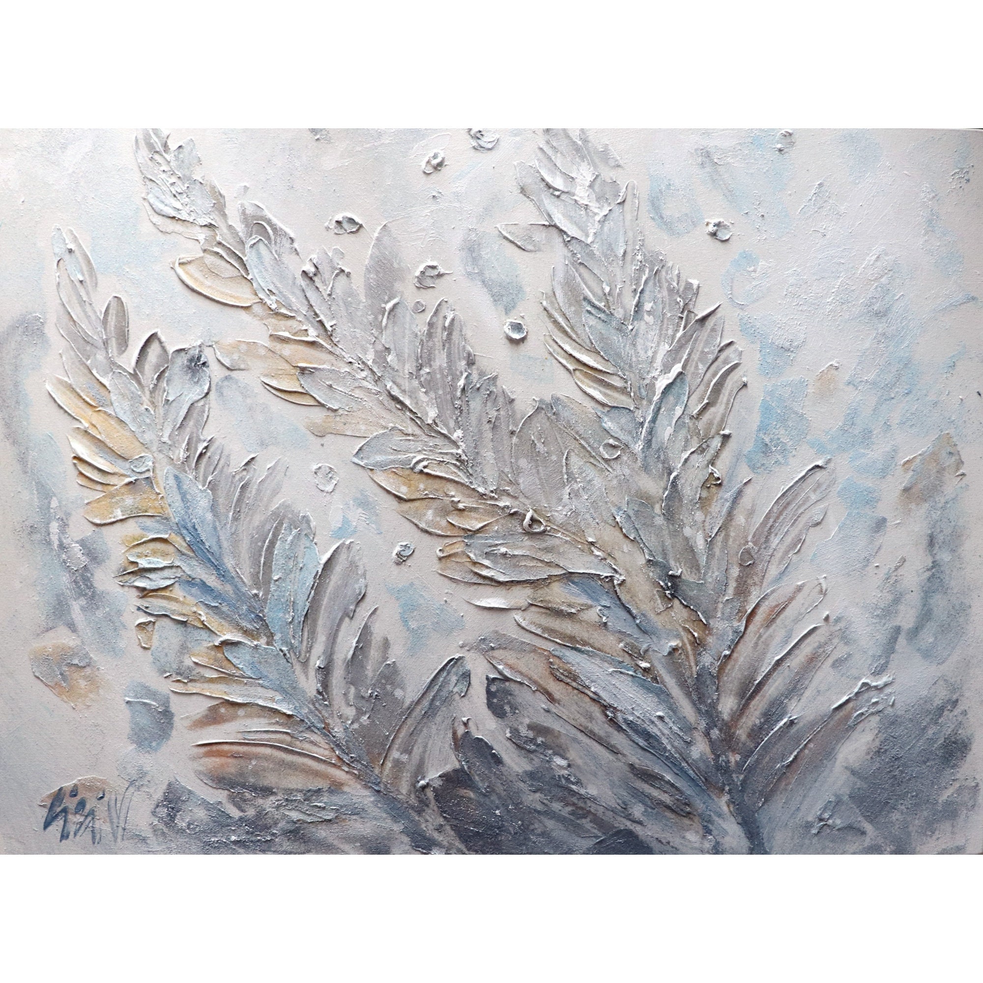 White Gray Blue Gold Silver LEAVES Textured Original Painting on Large