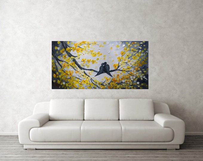 Kiss Me Large Painting Original Oil Canvas in Shades of White Yellow Gray Art by Luiza Vizoli