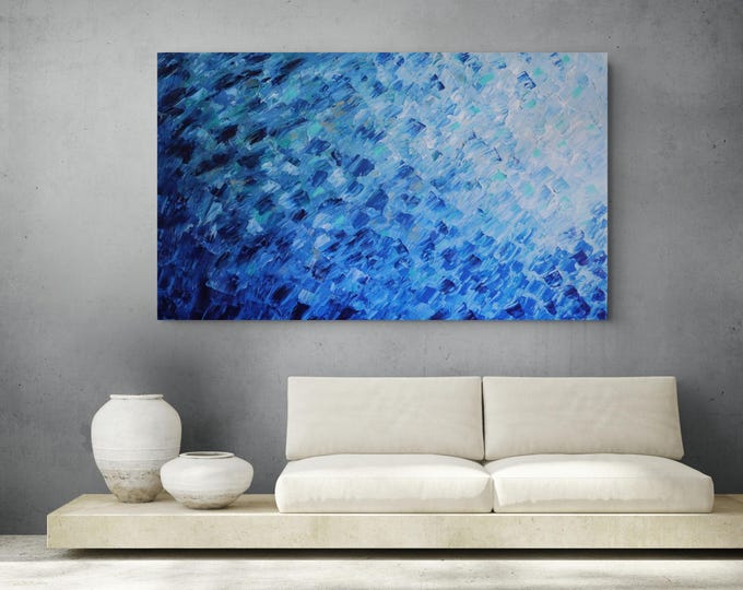 Original Blue Abstract Coastal Painting 60x36 Azure Tide Reflections