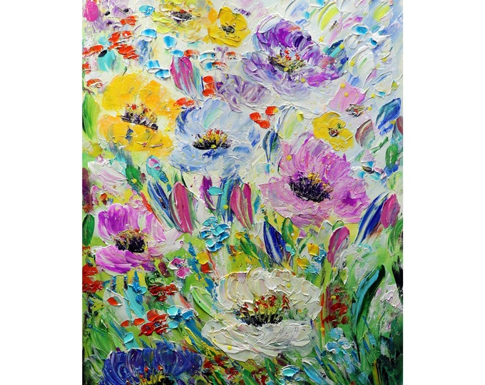 Summer BLOOM Flowers Color Palette Original Painting Flora Floral Impasto White, Cream, Aqua, Lavender, Yellow ,Purple, Green, Blue