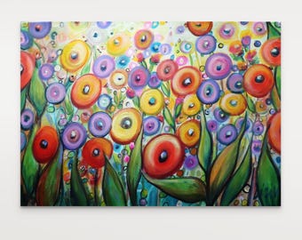 Colorful Happy Garden – Whimsy Flowers Original Painting