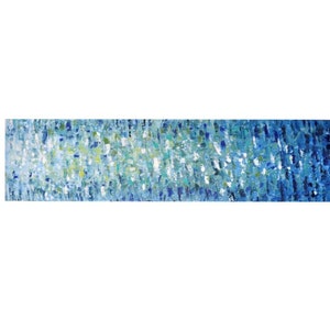 May include: Abstract painting with a blue, green, and white color scheme. The painting is made up of small, textured brushstrokes that create a sense of movement and depth.