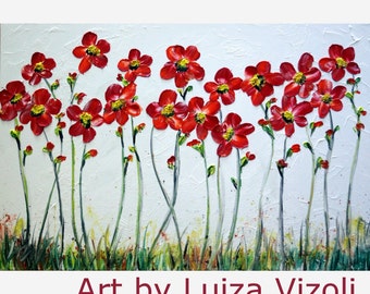 Red White Abstract Large Painting Original Oil on Canvas DAISY Flowers by Luiza Vizoli painting
