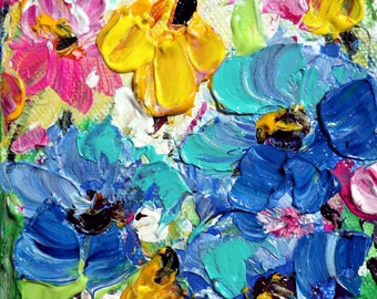 original oil painting direct from artist, BLUE Petunias Colorful Wild Flowers