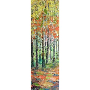 Impasto Fall Forest Oil Painting: Misty Morning Textured Wall Art