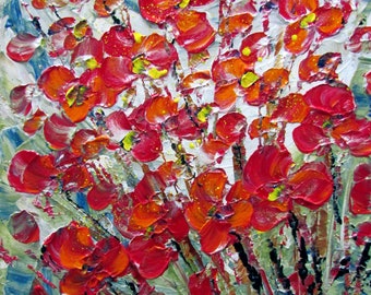 Original Modern Impressionist Impasto Oil Flowers Painting RED ORANGE BOUQUET 8x8, 10x10 Custom