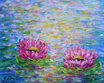 Lotus Reflections 30x24 Original Water Lily Painting Textured Wall Art