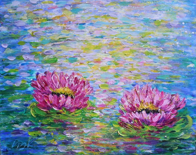 Lotus Reflections 30x24 Original Water Lily Painting Textured Wall Art