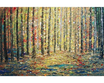 Fall Forest Sunset Landscape Original Painting Impasto Textured Art Beginning of Autumn