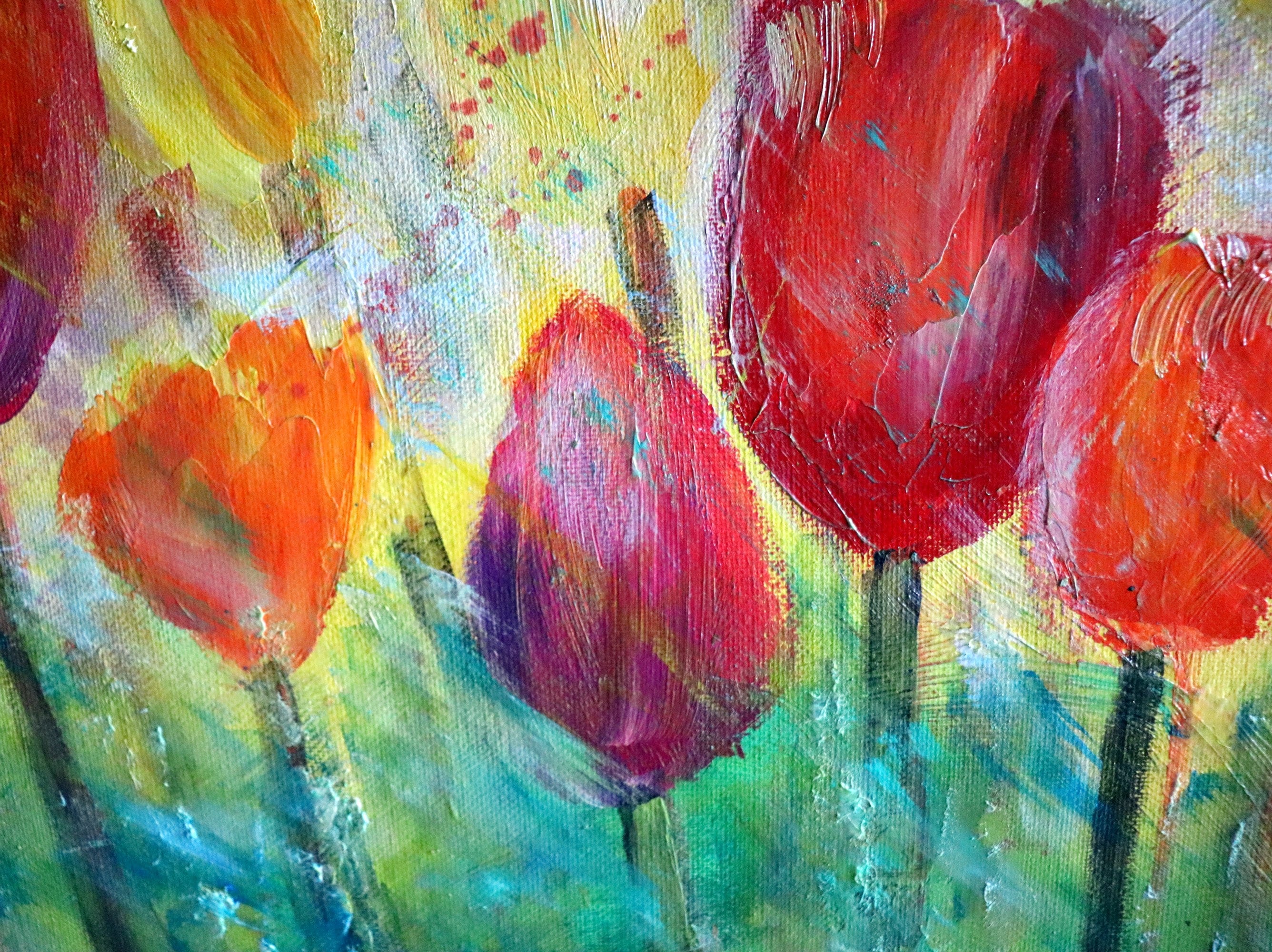 Tulips Spring Rain Original Oil Painting Colorful Happy Canvas