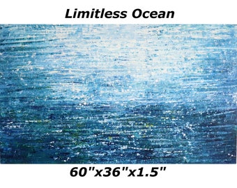 Limitless Ocean Blue Sky Abstract Extra Large Painting 60x36 canvas, ready to ship