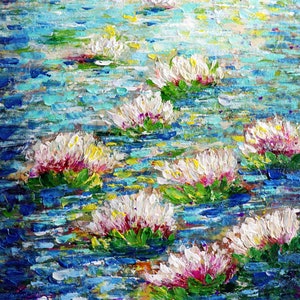 Water Lilies Painting Original Impasto Textured Modern Vertical Canvas Monet Homage by Luiza Vizoli