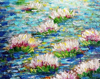 Water Lilies Painting Original Impasto Textured Modern Vertical Canvas Monet Homage by Luiza Vizoli