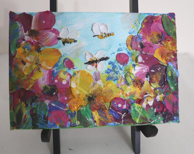 Original Wildflower Painting with Bees, Colorful Floral Garden Art, 4x6
