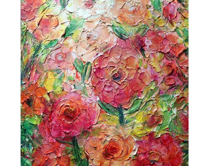 ROSES Original Painting Textured Colorful Oil Pink Peach Coral Salmon White Cream Colors Art by Luiza Vizoli, ready to ship
