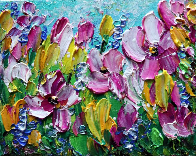 Spring Tulip Petunias Flowers Original Oil Painting Canvas Colorful Impasto