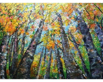 Changing Colors Looking Up Gorgeous FALL Birch Trees Original Painting Large Canvas