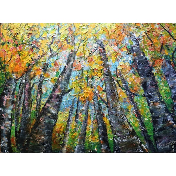 Cambio de colores mirando hacia arriba Gorgeous FALL Birch Trees Pintura original Lienzo grande