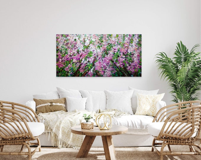 Original Cherry Blossom Painting 48x24, Blossom Canopy, Textured Spring Tree Wall Art