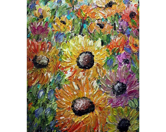 SUNFLOWERS Summer Field Original Flowers Painting  Modern Palette Knife Floral Canvas by Luiza Vizoli