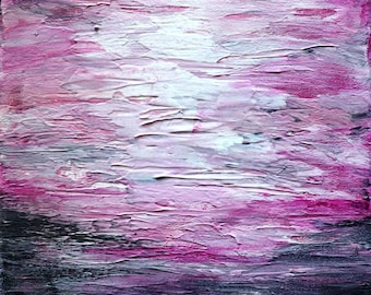 Minimalist Sunset Coastal Ocean Original Painting, Pink Fuchsia Gray Modern Art