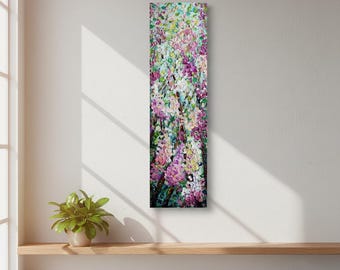 Original Wisteria Painting 14x48, Large Vertical Textured Floral Canvas