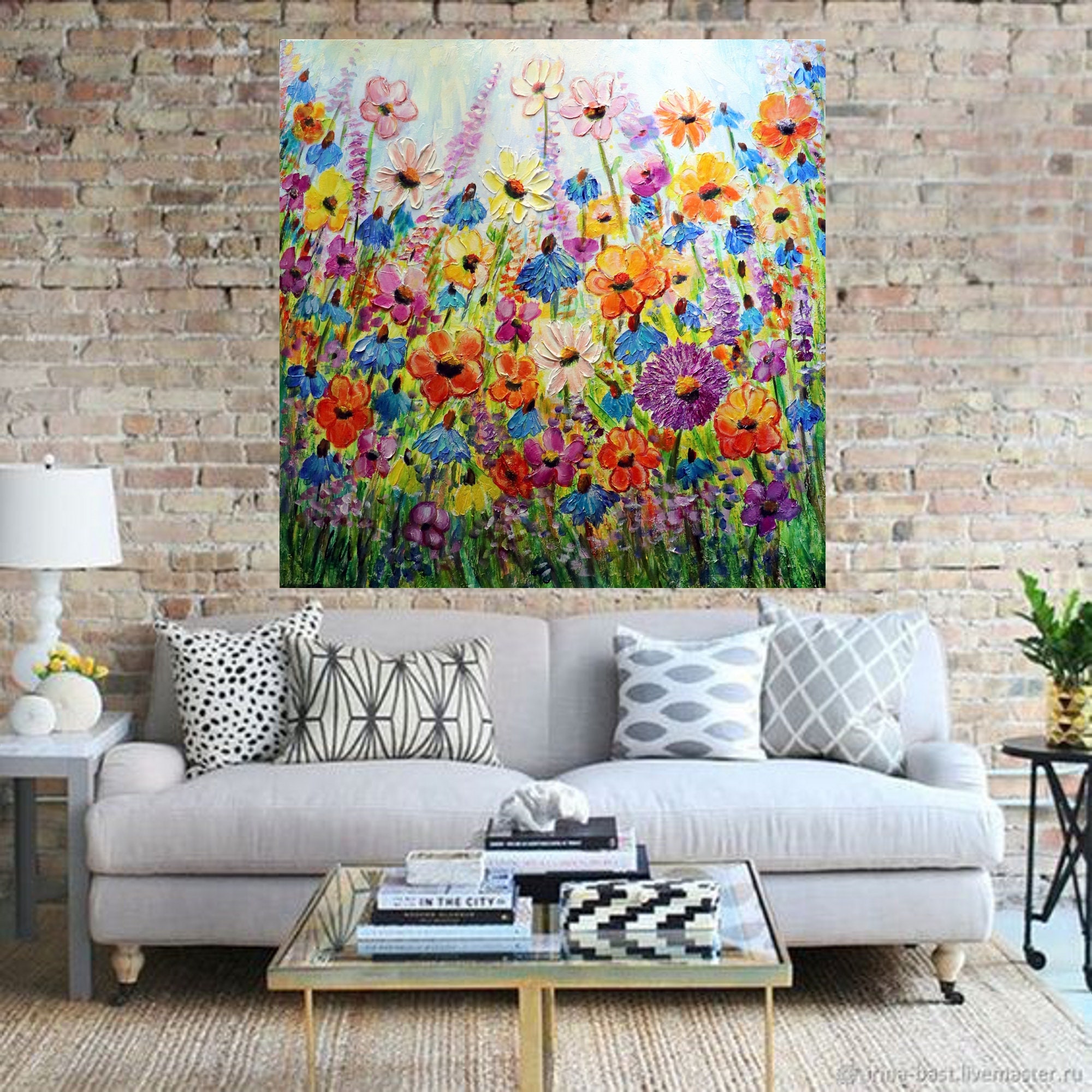 COUNTRY ZINNIAS CORNFLOWERS Original Oil Painting Square Canvas Flowers  Landscape Art by Luiza Vizoli